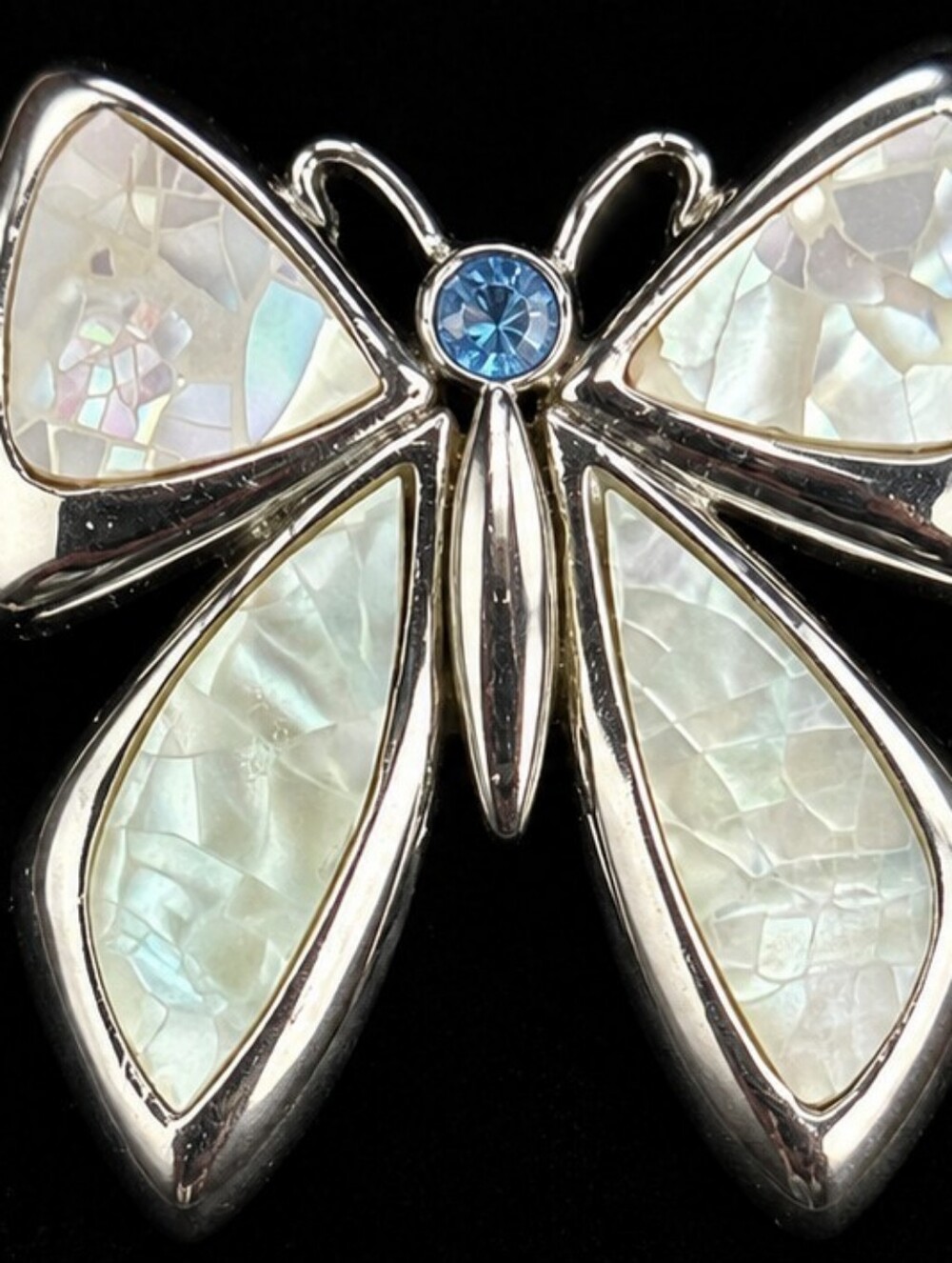 Liz Claiborne Butterfly Brooch Silver Tone Mother of Pearl Shell Blue Crystal